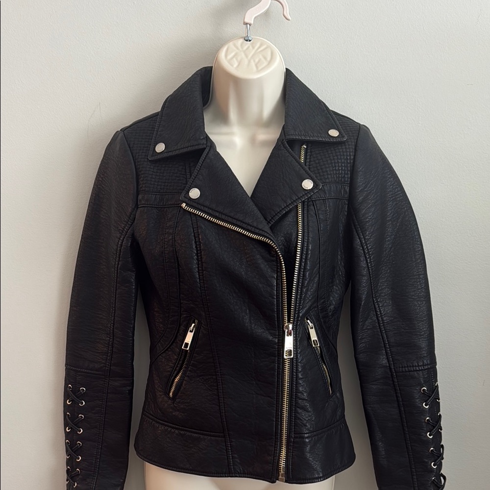 Guess Black Faux Leather Moto Biker Jacket with Lace-Up Sleeves Size XS